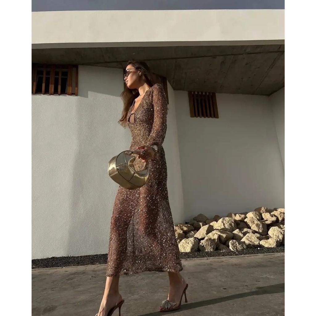 LYRIA Sexy Sequined Long Pleated Dress Women Deep V-neck Full Sleeve See Through Dresses Summer Lady Party Evening Dresses