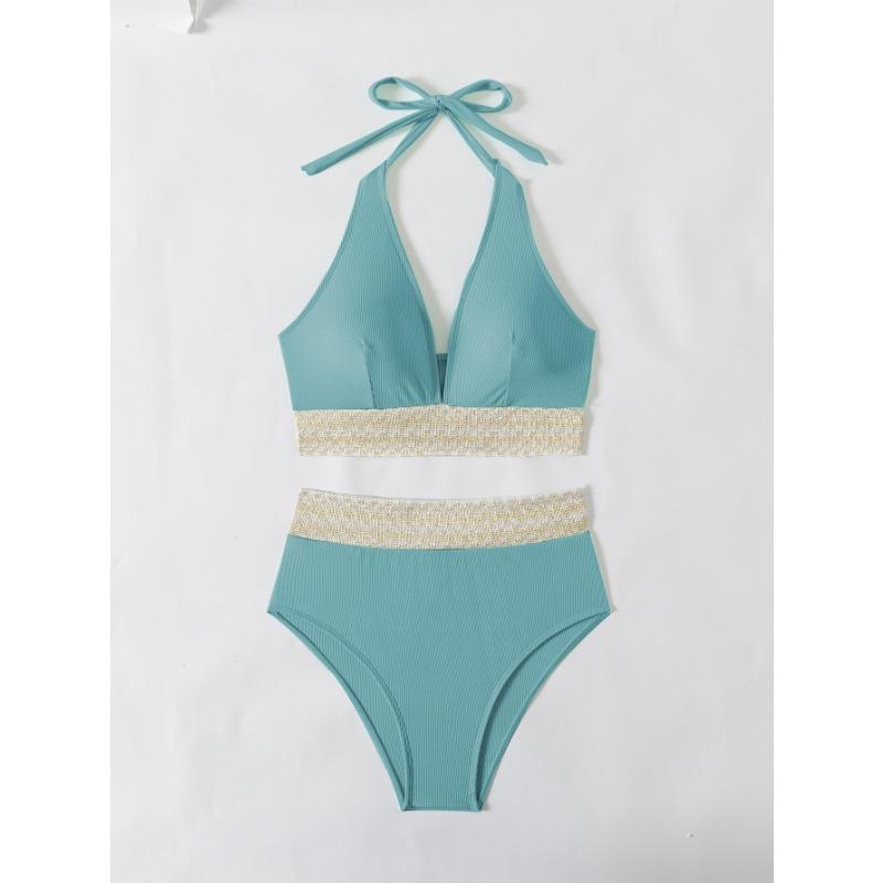 

Сексуальное бикини с высокой талией 2025 года, женский купальник с бретельками через шею, женский купальник, сплошной купальник для плавания, летний пляжный костюм L морская волна