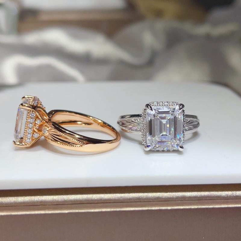 5 Carat Emerald Cut Moissanite Inlaid Ring, Luxury European & American Style Women's Diamond Ring