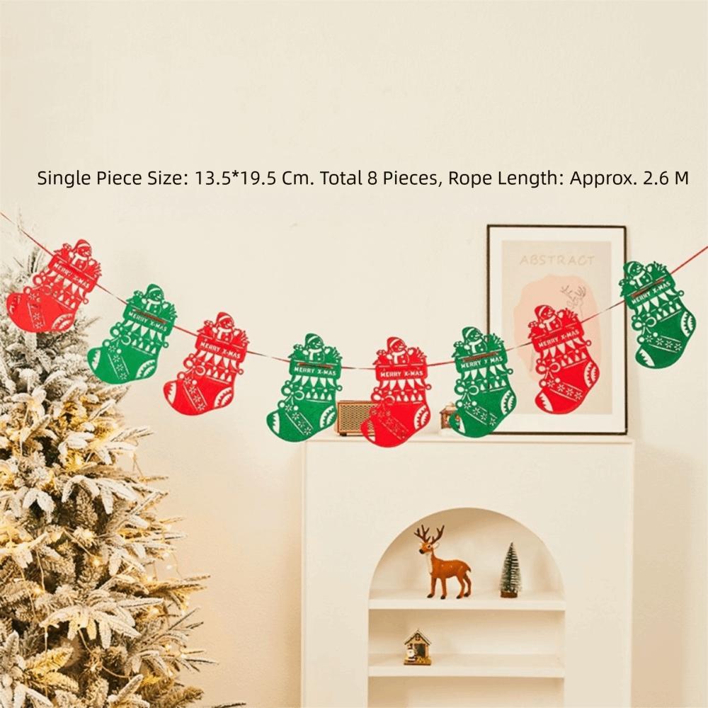 Felt Christmas Banner Elk Design Santa Design Xmas Pull Flag Hanging Ornament Red Green Felt Christmas Banner Wall Decor