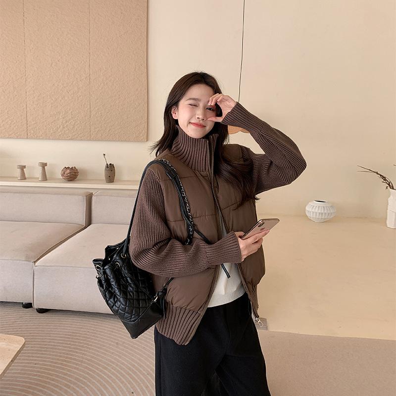 Down cotton-padded clothes women's short knitted splicing small jacket autumn and winter new light and thin stand-up neck cotton-padded clothes