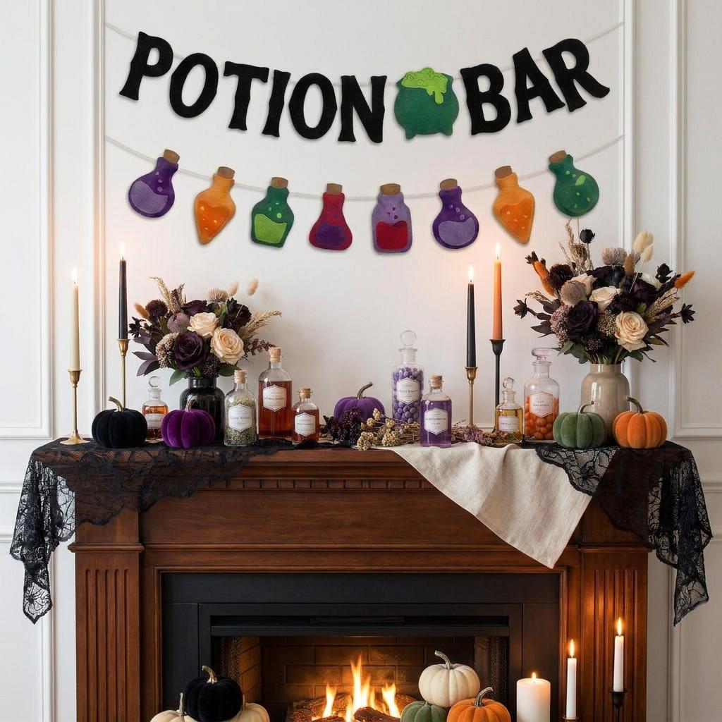 Vintage Halloween Felt Potion Bar Banner-Horrible Witches Haunted House Theme Magic-Halloween Festival Holiday Parfty Decor