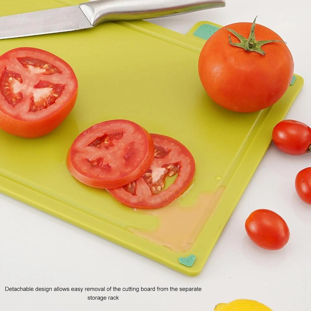 Planches à découper de cuisine, set de 4 planches à découper en plastique, grandes planches à découper de cuisine avec support de rangement, lavables au lave-vaisselle (quatre couleurs), 1 jeu