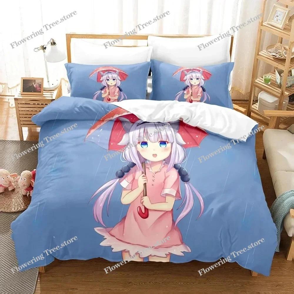 Set Letto Anime Stampato in 3D Miss Kobayashis Dragon Maid Kanna Ragazzi Ragazze Misura Singola Queen Copripiumino Federa Letto Bambini Adulti