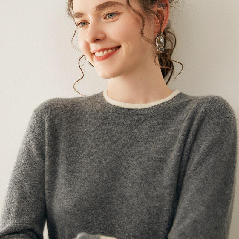 Korean Style Cashmere Color-Block Double-Layer Knit Sweater: Women's Autumn/Winter Loose Round Neck Pullover.