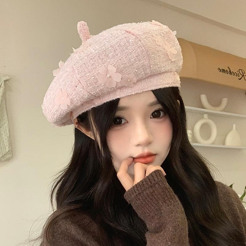 Korean New Small Fragrance Style Flower Beret Fashionable and Versatile Octagonal Hat for Women Autumn and Winter Outdoor Casual Painter Hat
