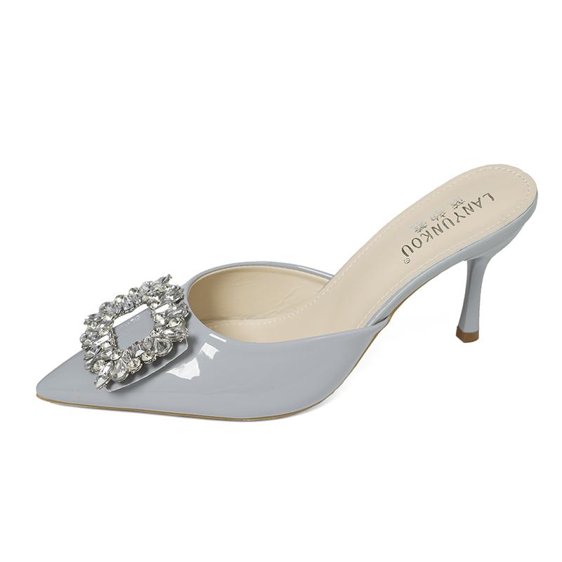 Baotou Semi-slippers Women's Summer Wear Rhinestone Square Buckle Patent Leather Pointed Toe Shallow Mouth Low-heeled High Heels