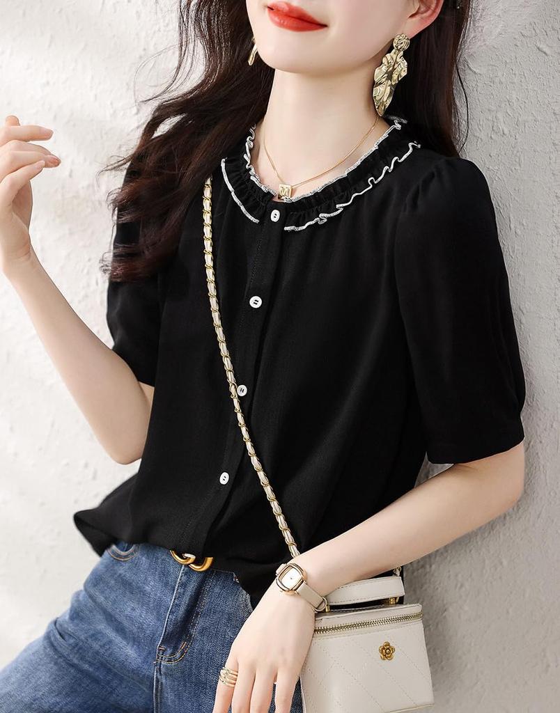 Blouse Summer Tops Short Sleeve Crew Neck Shirt Frill Collar Button Front Opening Top Stylish Feminine Clean Adult Casual OL Commuting [H. Zroy]