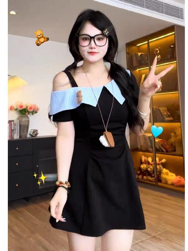 

Large size French temperament dress summer short sleeves fat mm thin waist lapel off shoulder high-end skirt M синий