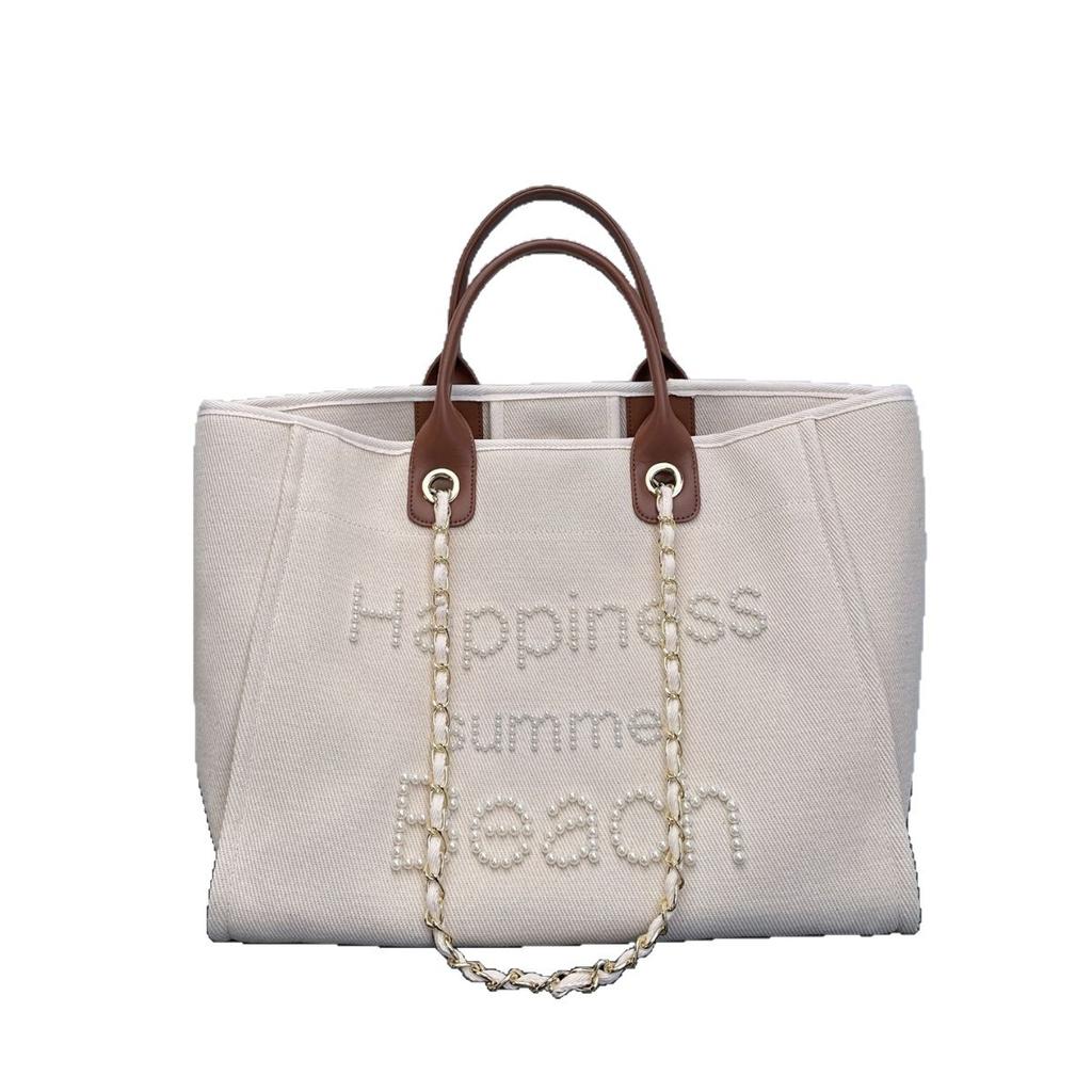 Pearl embroidered beach bag canvas chain bag large capacity handbag shoulder shopping bag women's tote bag