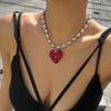Chunky Beaded Necklace with Heart Pendant Silver Tone Metal Chain Adjustable Length Fashion Jewelry for Women and Teens