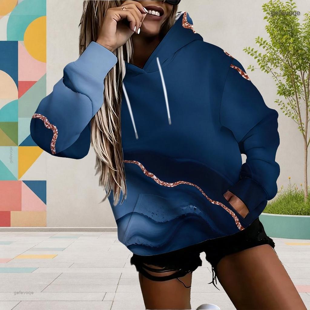 Women Plus Size Navy Blue Printed Long Sleeve Drawstring Hoodie With Kangaroo Pocket