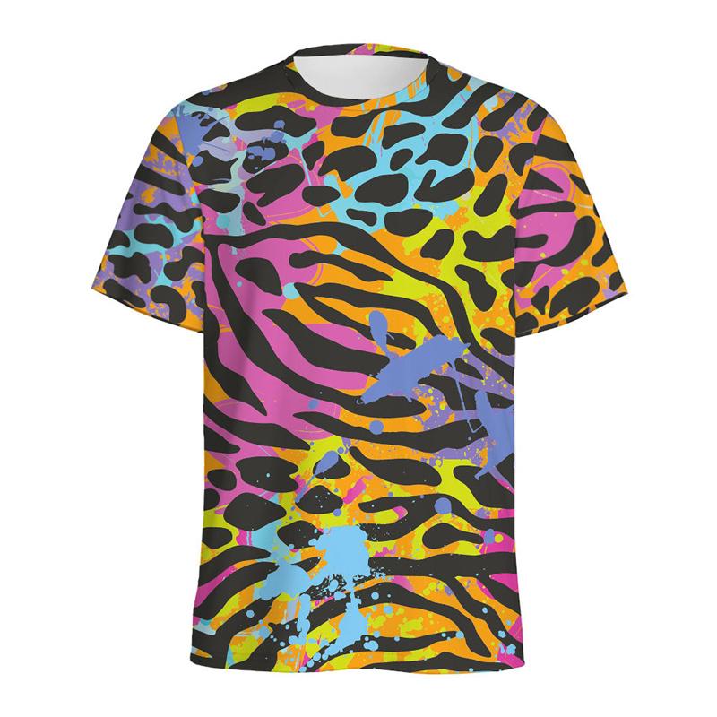 Multi Color 3D Printed Zebra Leopard Print T-shirt for Men, Summer Round Neck Short Sleeved T-shirt, Street Loose T-shirt