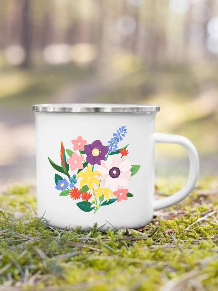 Kreative Blumenmuster Emaille Kaffeetassen Camping für Frühlingsausflug Getränke Saft Kakao Tassen Studenten Kinder Frühstück Milchbecher