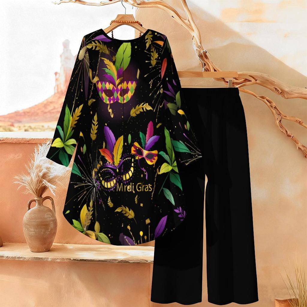 Marble Print Two Piece Outfit Women Long Sleeve Irregular Hem Tunic Top Wide Leg Pants Casual Matching Set