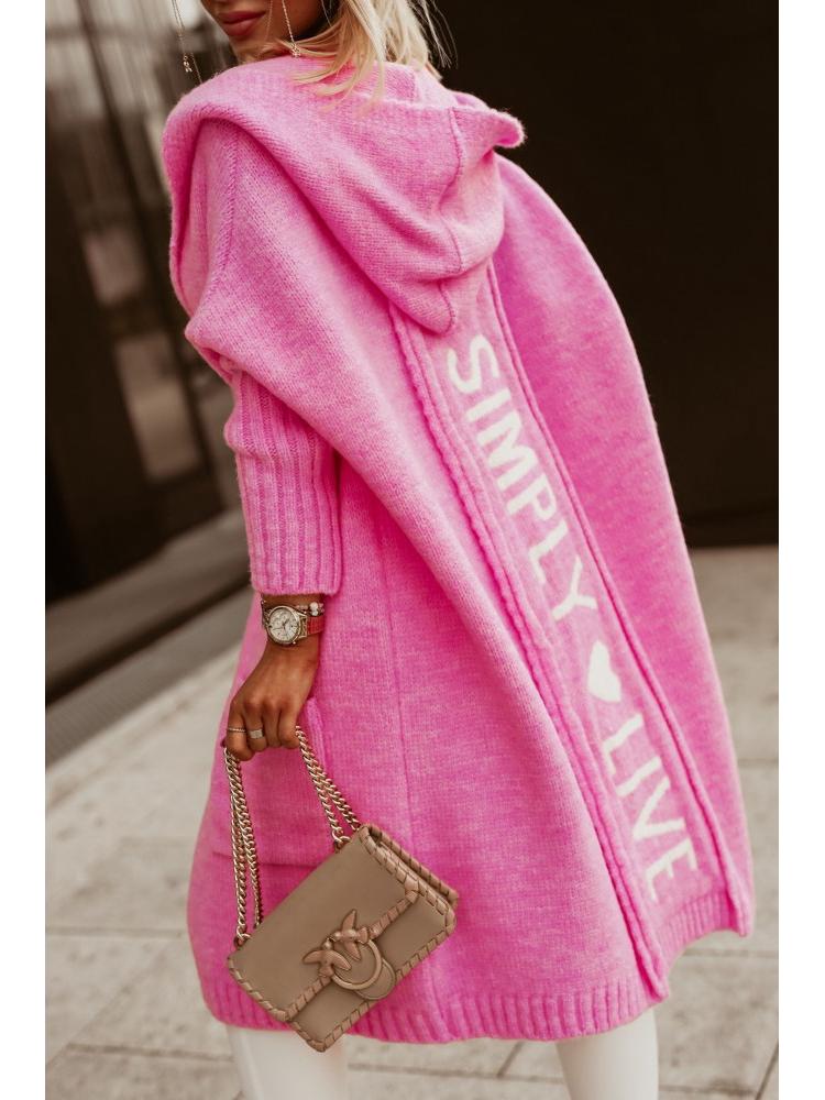 Autumn/Winter Hooded Long Cardigan Sweater with Turn-Down Collar and Letter Knit Design