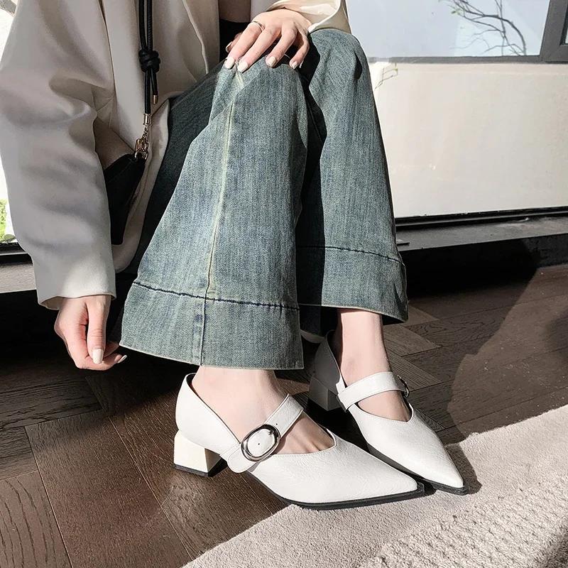 Fashion 2025Spring Women's Heeled Single Shoes Fashionable Mid-heel Gold Buckle  Jane Shoes  Pointed Toe Boat Shoes Zapatos Mujer