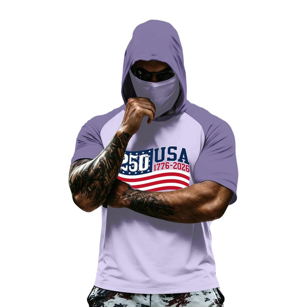 Men's Summer Camouflage Gradient Drying Short-sleeved T-shirt, Sun Clothing, Fishing, Fitness, Sports, Hooded Short-sleeved Shirt