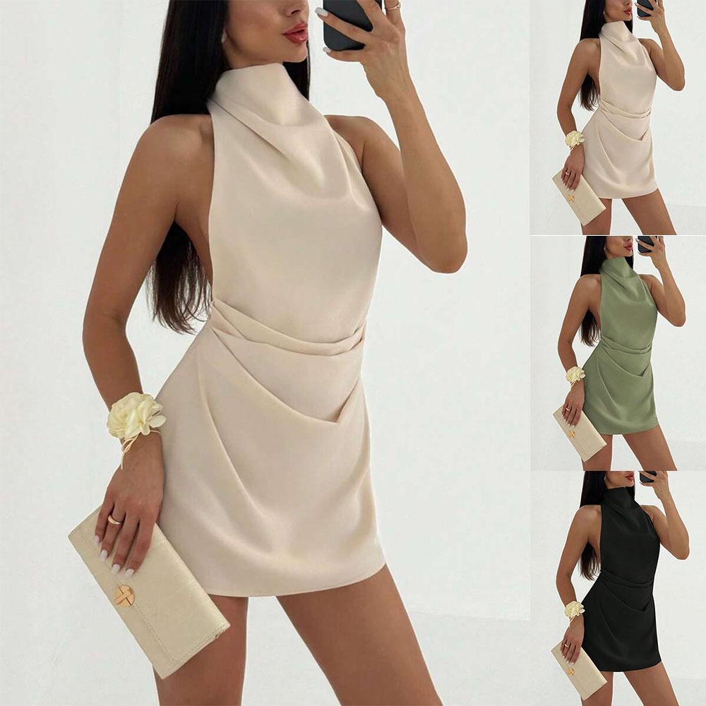 Women's Satin Halter Neck Mini Dress Backless Draped Waist Sleeveless Elegant Cocktail Party Evening Clubwear Short Dress 4 Colors