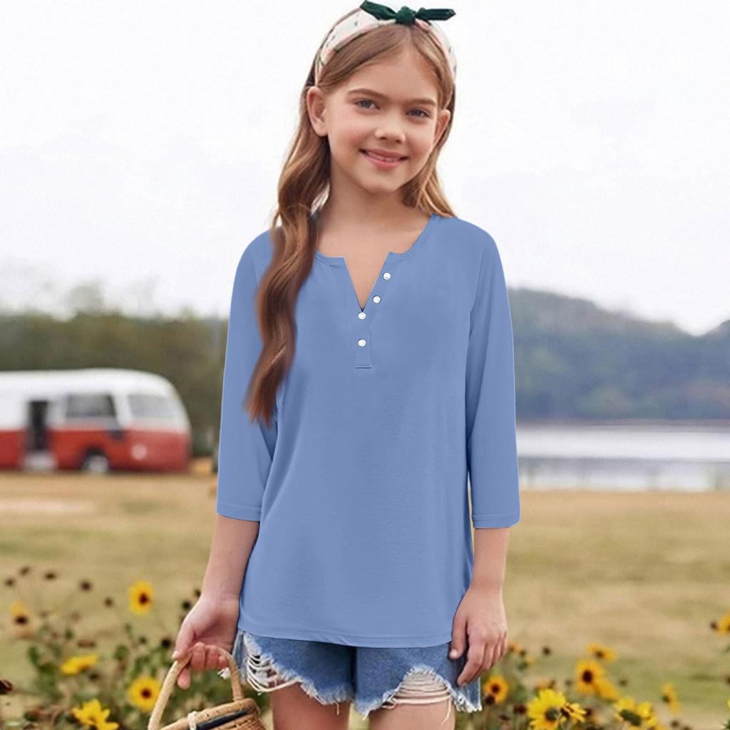 Print Tops For Youth Girls Round Neck 3/4 Sleeves T-Shirts Trendy Tops Outfit Tees