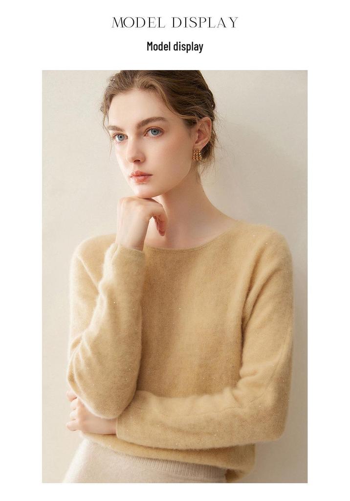 Women's Cashmere Sequin Knit Sweater - Autumn/Winter Low Round Neck, Loose & Slimming Fashion Top
