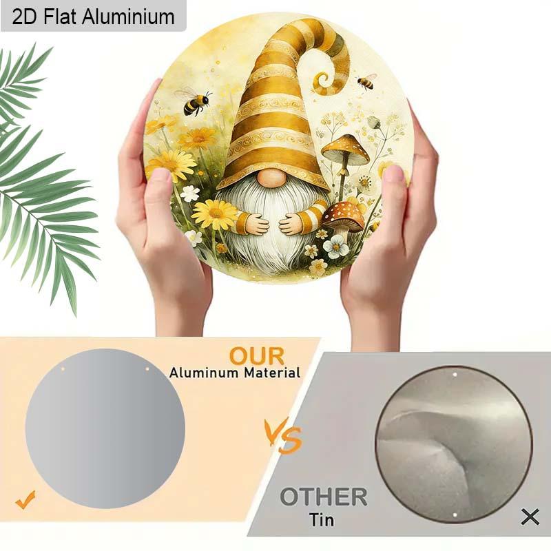 Spring Gnome Round Metal Sign, Aluminum Wreath Sign with Bumble Bee & Mushroom, Cute Honey Bee Tomte Hanging Plaque, Rustic Farmhouse Front Door Porch