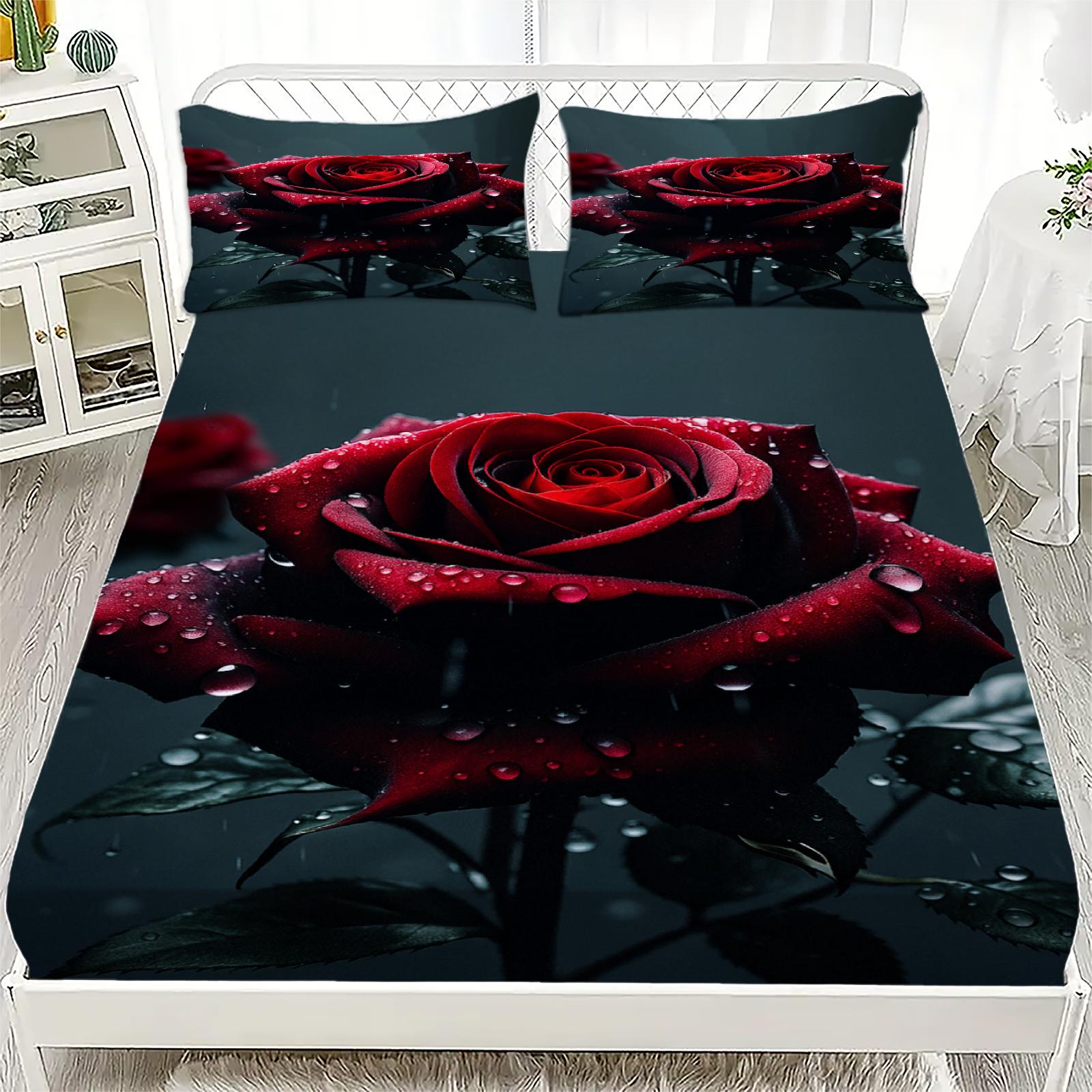 

3pcs Fitted Sheet Set Colorful Flowers Flora Rose Print 100% Polyester Breathable Bedding Set for Home Decor with 2 Pillowcases 99x190x25cm