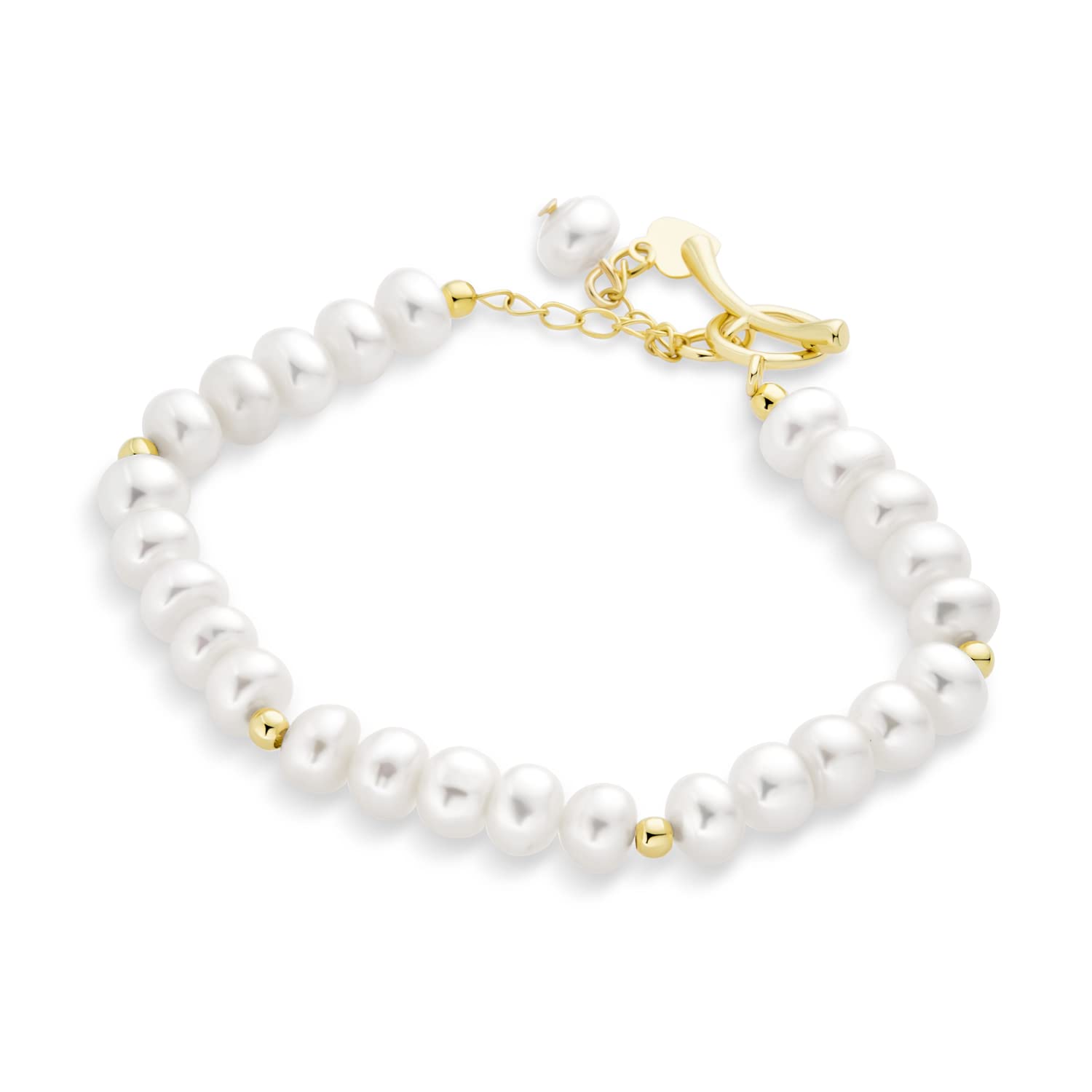 

Traditional Classic Bridal Authentic 5MM White Freshwater Cultured Button Pearl Hand Strand Bracelet with Gold Beads Accent Teens 18K Gold Plated 7