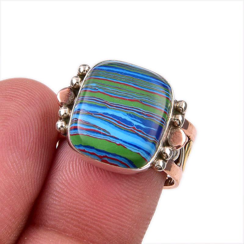 

Natural Rainbow Calsilica Gemstone 925 Sterling Silver Two Tone Ring Size 7 r0N62