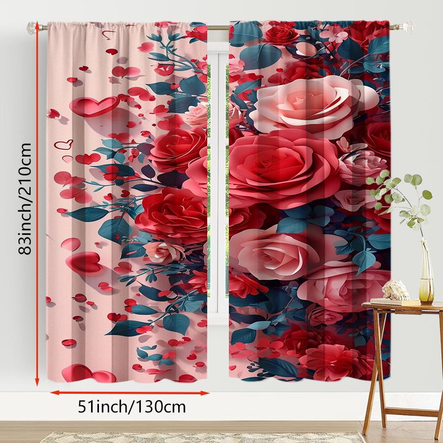 2pcs Romantic Red & Pink Rose Heart Curtains Bedroom Living Room Window Decor Valentine's Day Chic Home Decor Rod Pocket Curtain