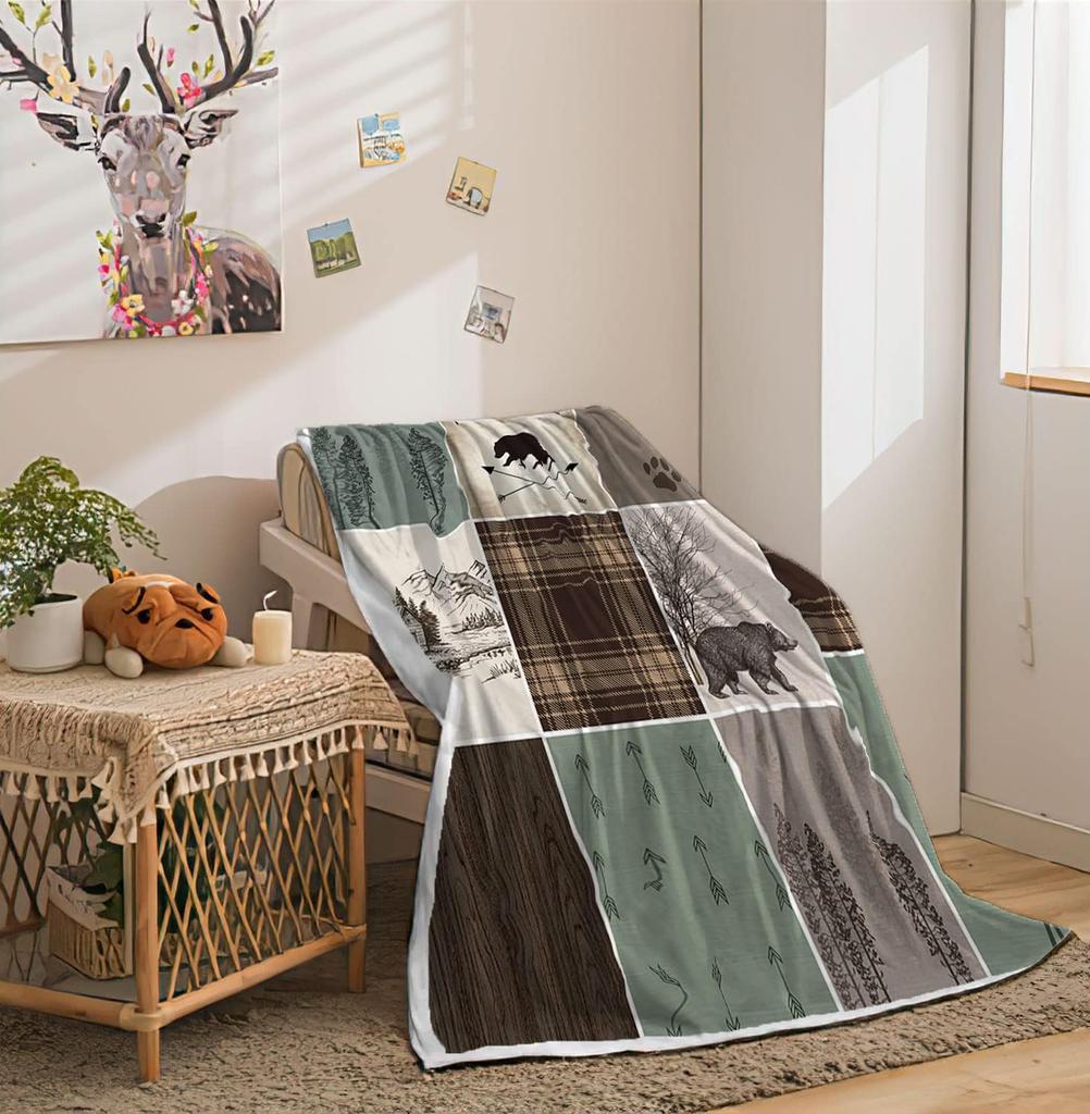 Rustikales Bauernhaus Überwurfdecke Gemütlich Warm Hirsch Bär Sport Fleece Flanell für Sofa Bett Land Holz Jagd Camping Wald Deko