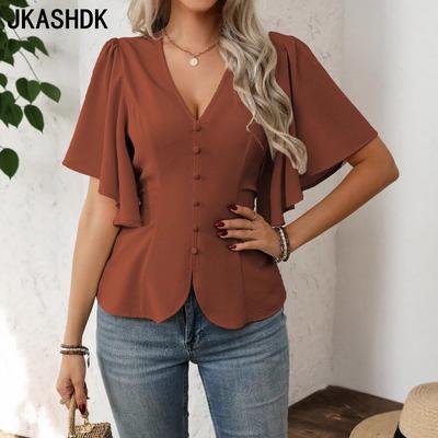 Women's Fashion Casual Summer Spring Solid Color Print Short Sleeve V-Neck Blouses & Shirts