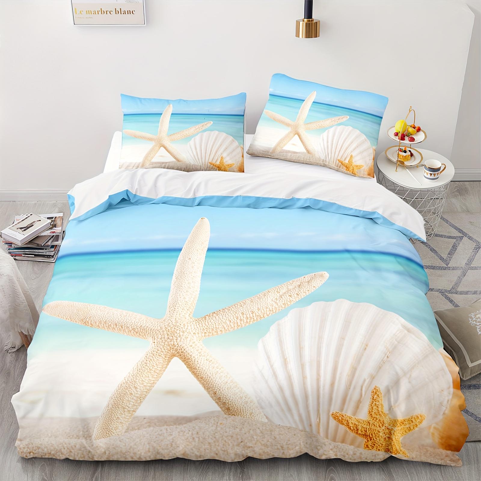 

2/3Pcs Beach-Themed Bedding Set With Starfish & Seashell Print - Machine Washable, Zipper Closure, Polyester, All-Season Duvet Cover Set&EU Single(135x200cm)