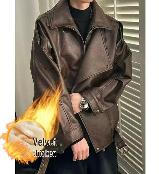 2025 Unisex Velvet-Lined Leather Motorcycle Jacket - High-End Punk Winter Style