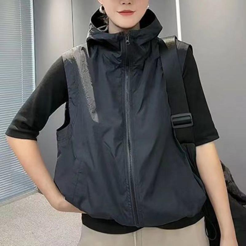 

Женский летний новый однотонный жилет, корейский свободный тонкий кардиган без рукавов с капюшоном, карманы на молнии, шорты, универсальные повседневные пальто 4XL чёрный