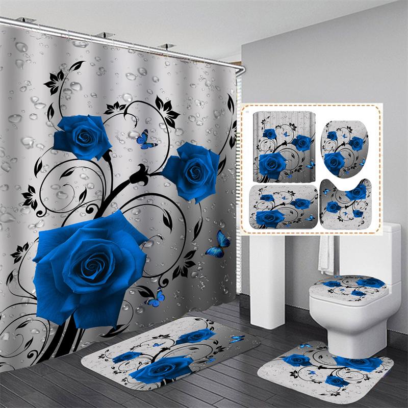 20 barev Rose Print 3D sprchový závěs s háčky Vodotěsný Koupelnový závěs Protiskluzová sada podložek do vany Toaletní koberečky Koberec Domácí dekorace