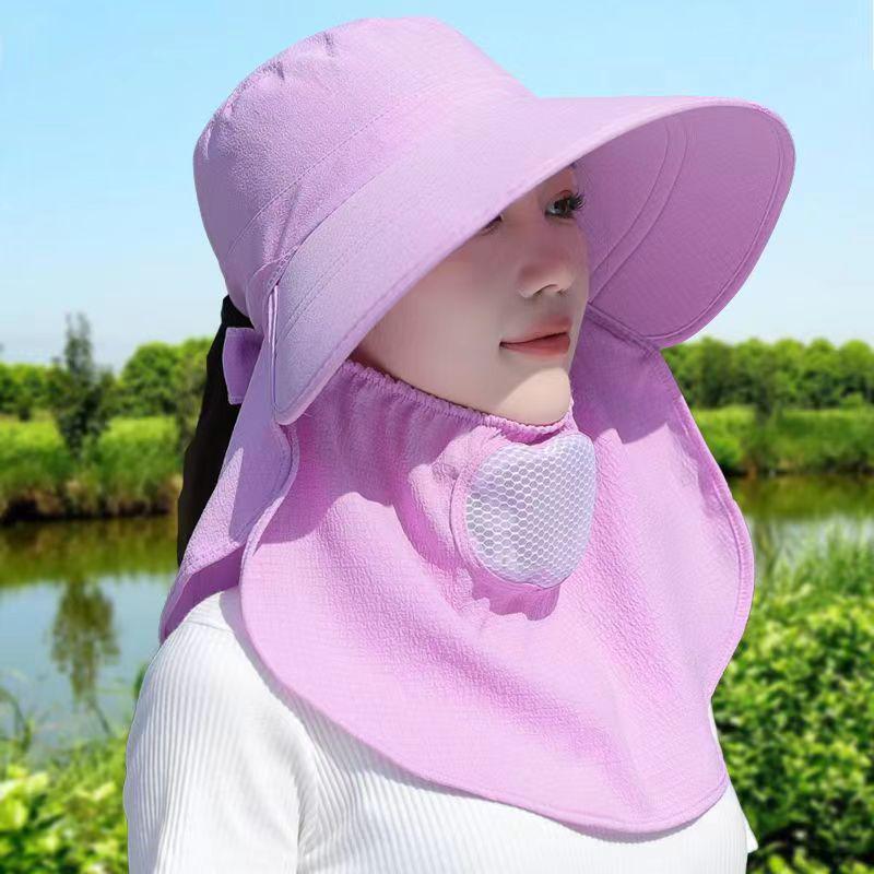 Women's Summer Wide Brim UV Protection Hat with Neck Shawl and Ponytail Tie