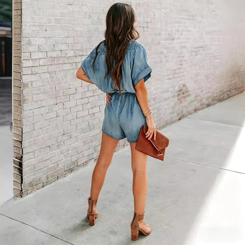 Damskie jeansowe kombinezony vintage, letnie, z falbaniastymi rękawami, dekoltem w serek, szerokimi nogawkami i paskiem, z krótkimi dżinsowymi kombinezonami i kieszeniami