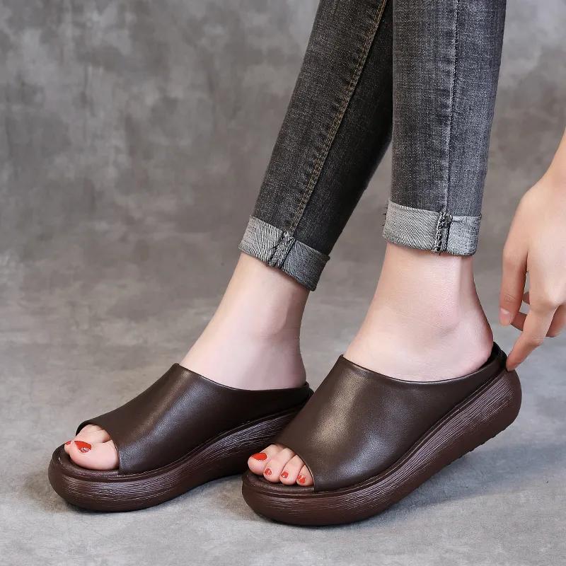 Fashion GKTINOO 2025 Ladies Genuine Leather Thick Sole Slippers Women Sexy High Heel Mules Clogs Peep Toe Platform Shoes Mother Sandals