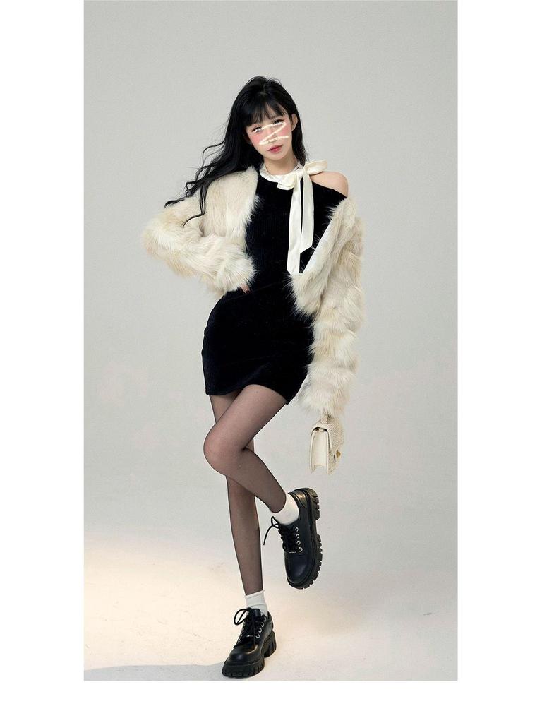French Black Off-Shoulder Bow Knit Dress – Women's Slimming Hip-Hugging Short Skirt for Spring & Autumn