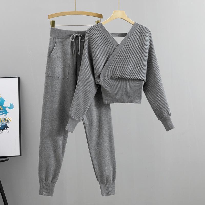 Korean Petite V-Neck Off-Shoulder Knit Two-Piece Set for Women - Autumn/Winter
