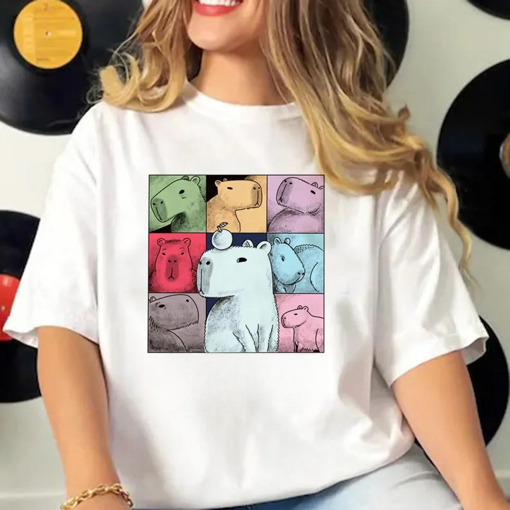 Summer Round Neck Cartoon Capybara Pattern Printed Top Fashionable Casual Pure Cotton Short Sleeved Women's T-shirts