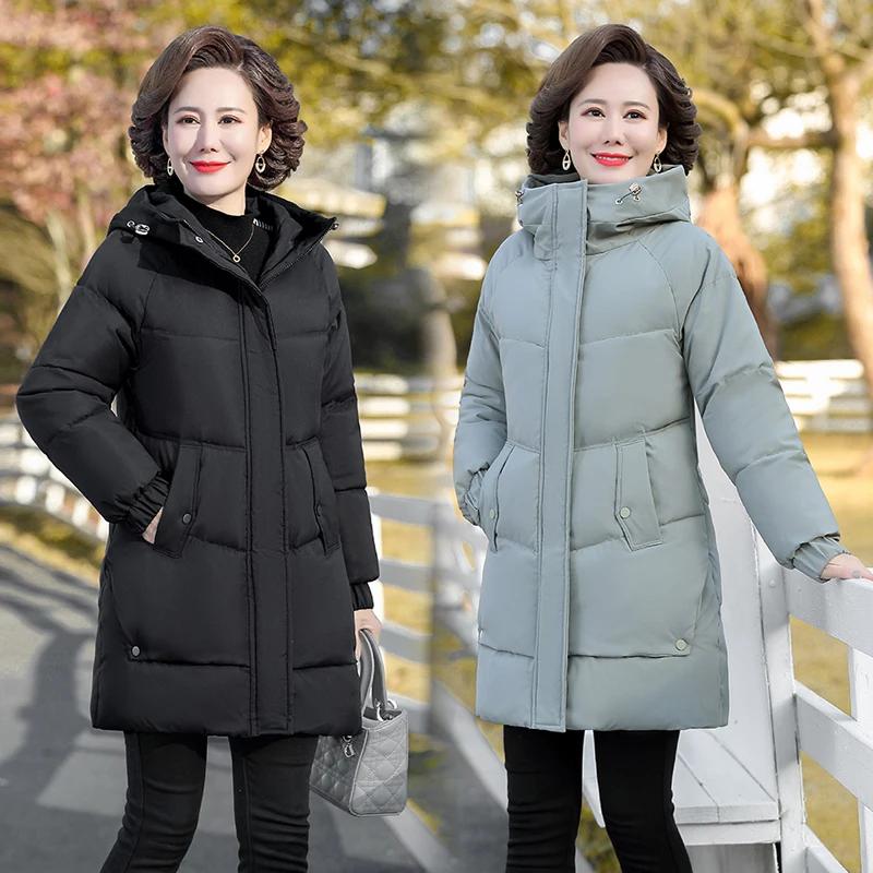 Winter Cotton Padded Jacket Hooded Fleece Thick Parkas Warm Loose Long Overcoat Middle Aged and Grandma Snow Coat
