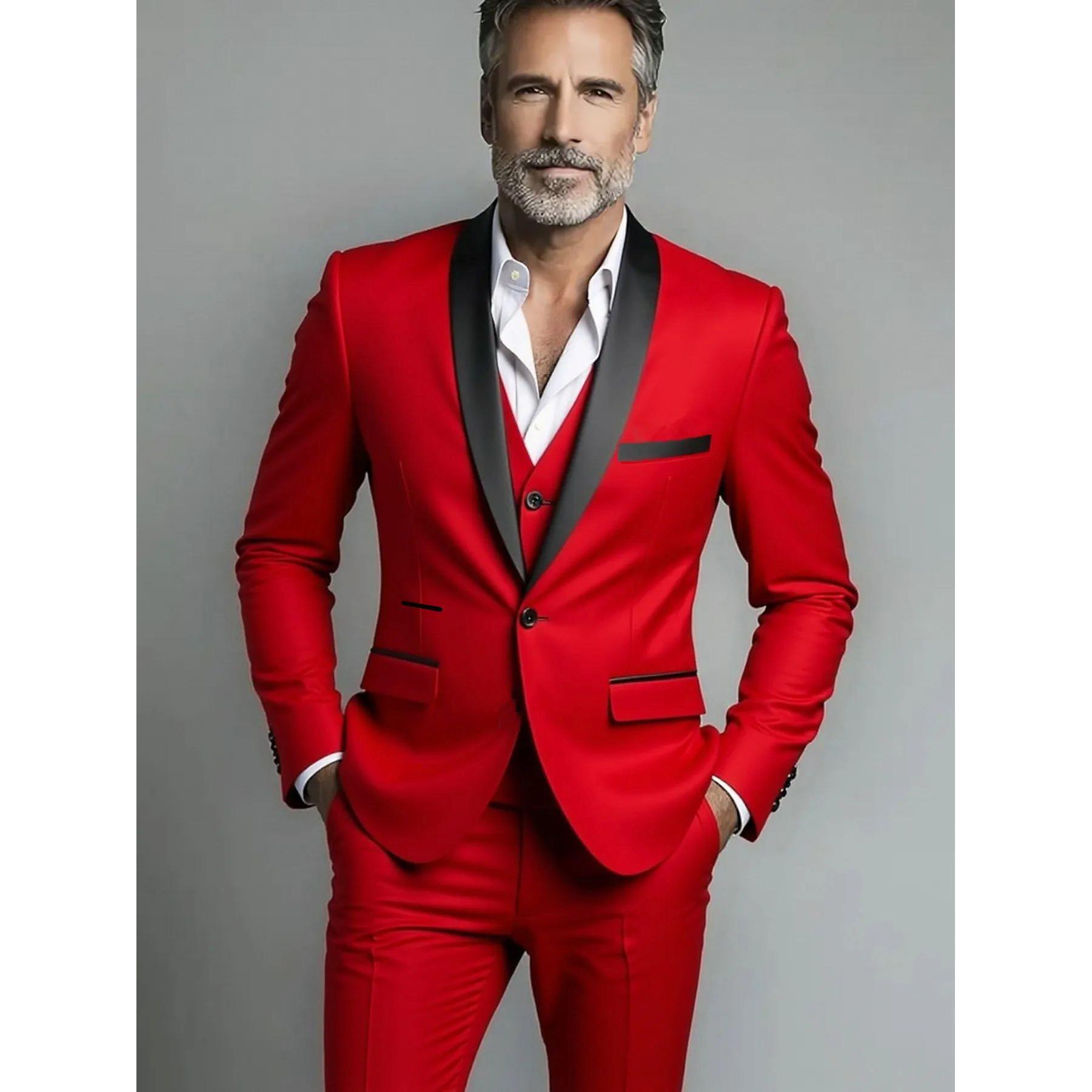 

Men Autumn Wedding Party Three Pieces Beige White Set Large Size Male Blazer Coat Pants and Vest Fashion Slim Fit Suit M червоний