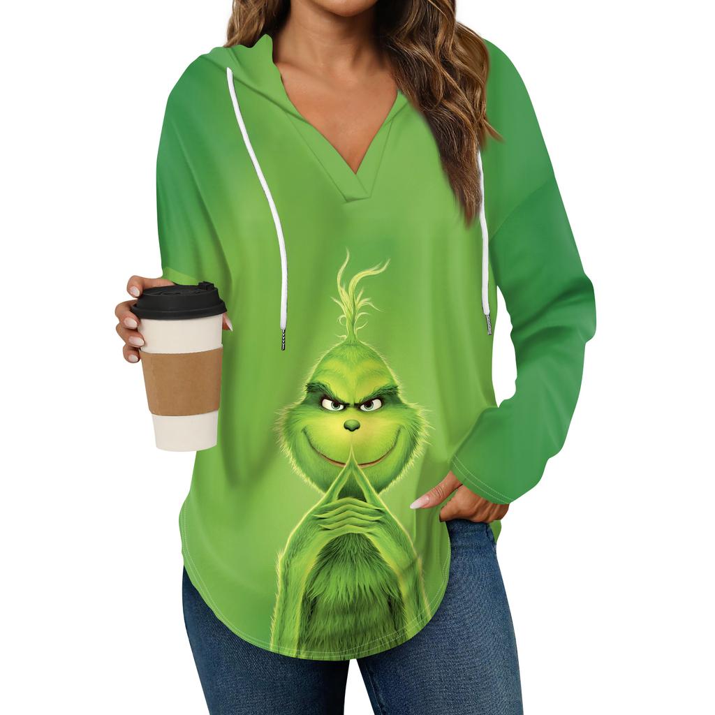 Women's Fashion Hoodies V Neck Long Sleeve Christmas Printed Drawstring Casual Loose Pullover Tops