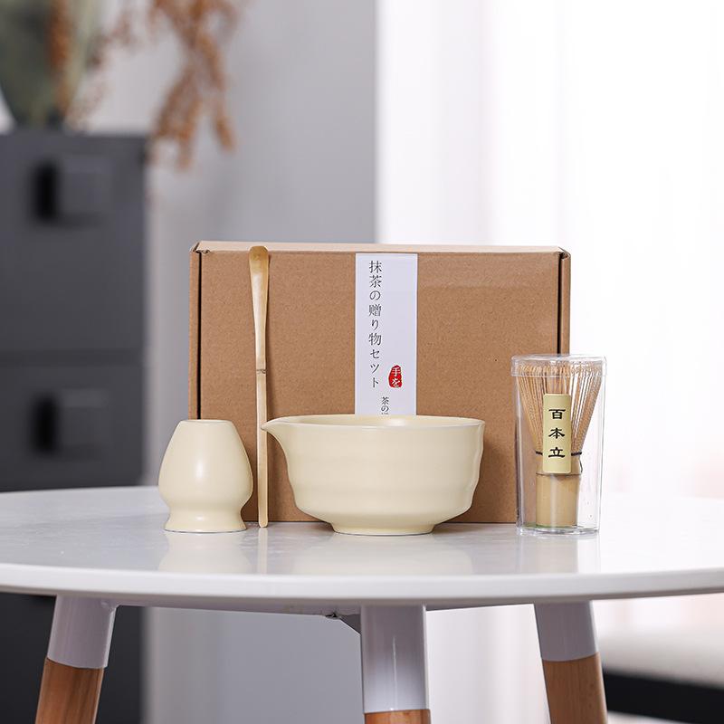 4Pcs Japanese Matcha Set Bamboo Whisk Teaspoon Ceramic Bowl Tranditional Tea Set Home Tea-Making Tools Accessories Birthday Gift