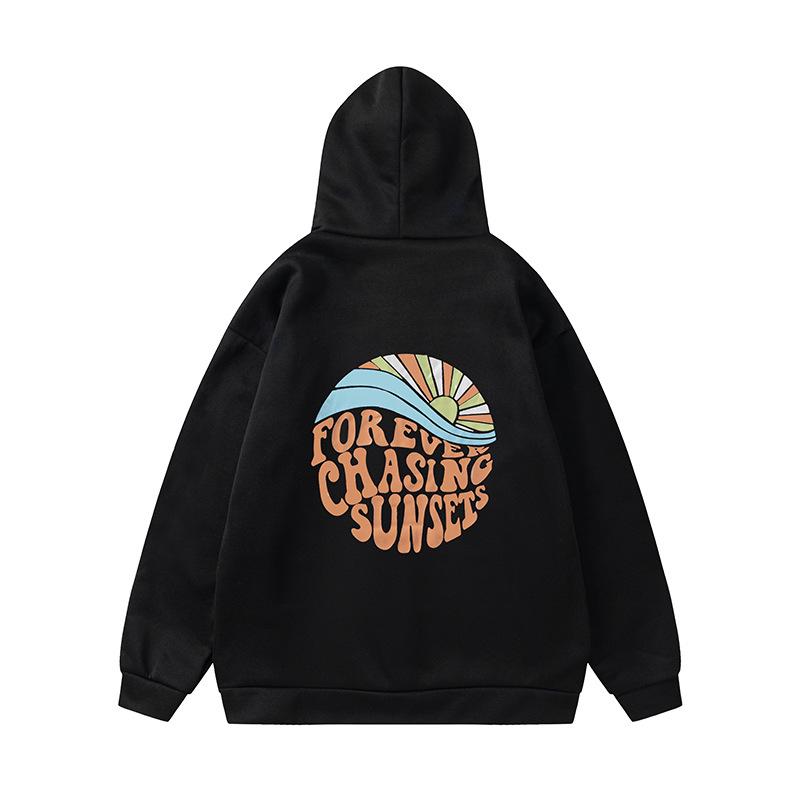 2024 Women's Fleece-Lined Sunset Print Hoodie with Kangaroo Pocket & Drawstring