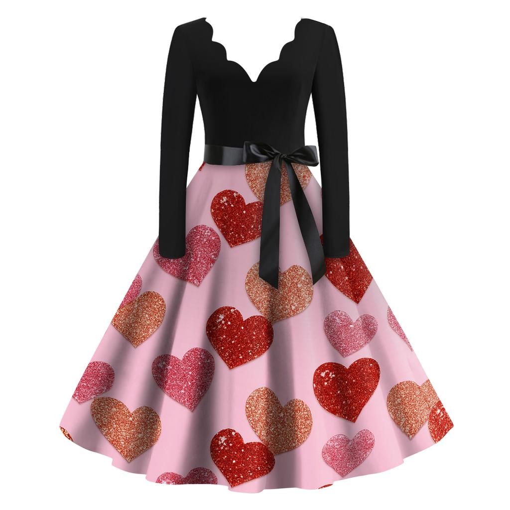 Damen Casual Mode Valentinstag Bedrucktes V-Ausschnitt Retro Langarmkleid
