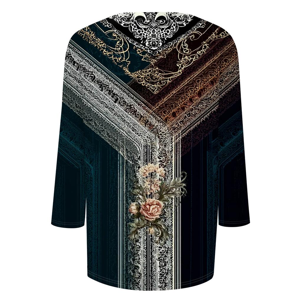 Módní vintage top s 3/4 rukávem pro ženy, dámská ležérní halenka s tříčtvrtečním rukávem a kulatým výstřihem s potiskem