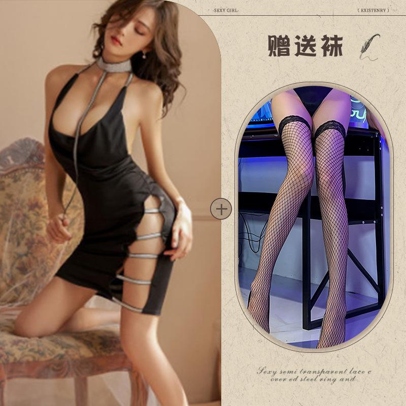 Sexy lingerie secretary ol passion temptation open gear free of emotion split ends straps uniform hip wrap dress